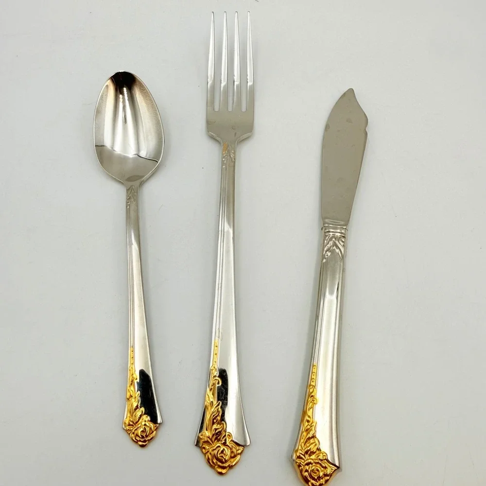 Oneida Golden Damask 3 Piece Flatware Set Fork Spoon Butter Knife Gold Trim